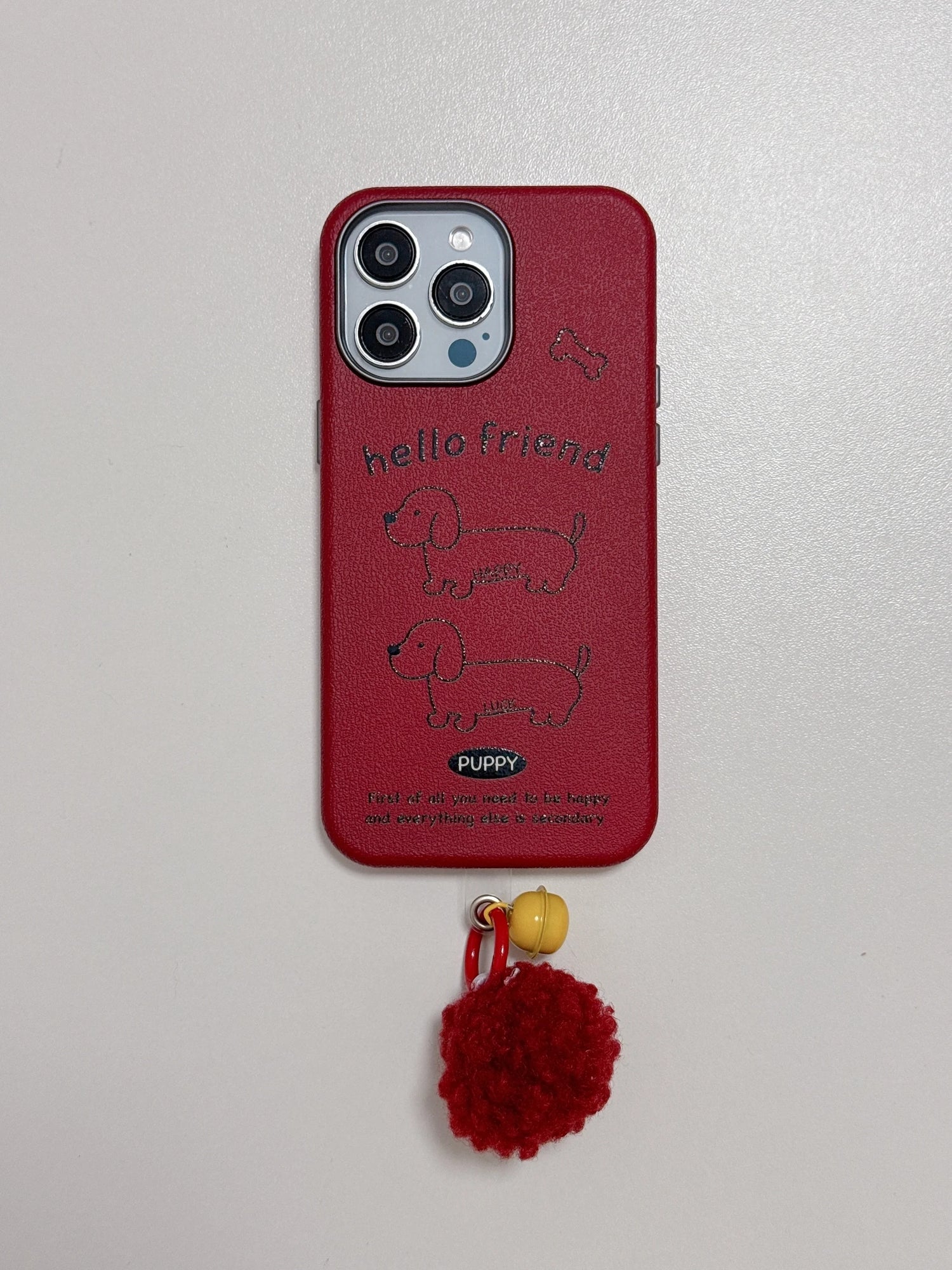 Cute Phone Cases For iPhone 16, 15, 14, 13 Pro Max - Red Leather Cover - Dog Pattern with Fluffy Dangle - PC616