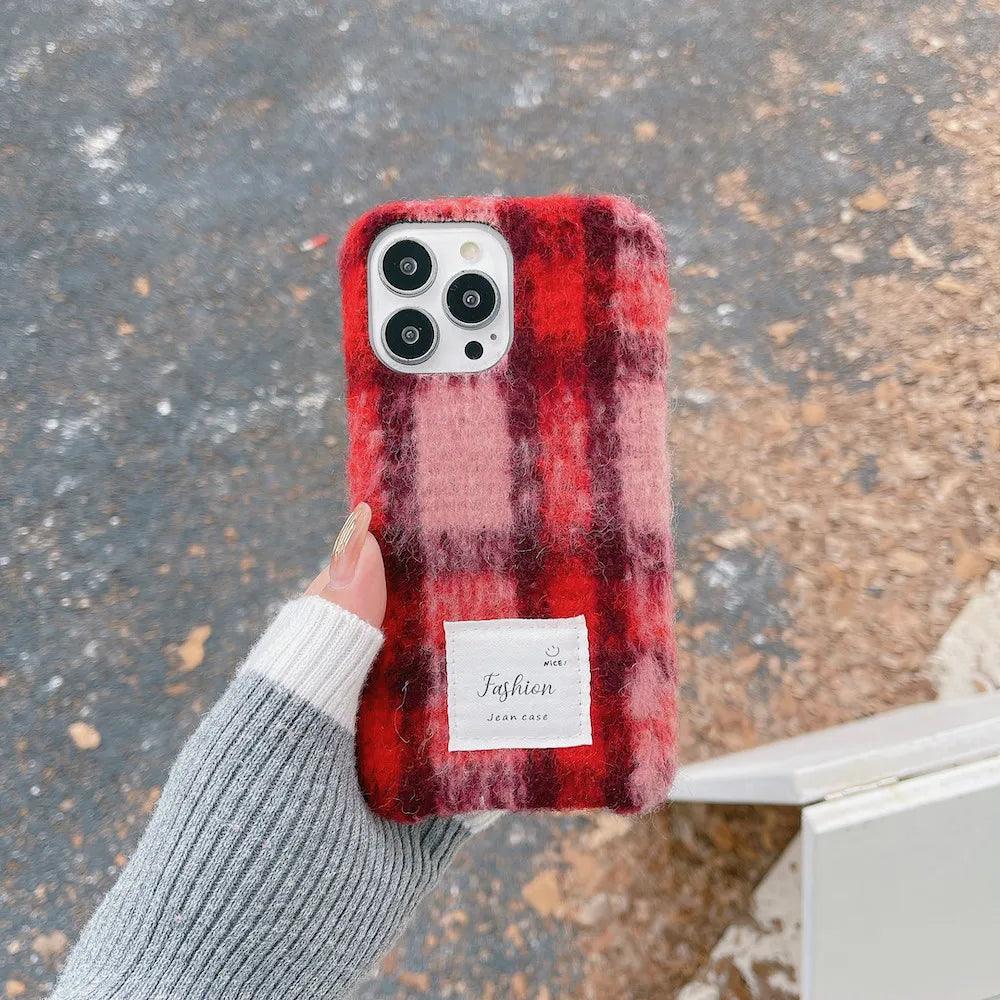 TSP80 Cute Phone Cases For iPhone 15, 11, 14 Pro Max, and 13, 12 - Stylish Woolen Plush Plaid Cover - Touchy Style