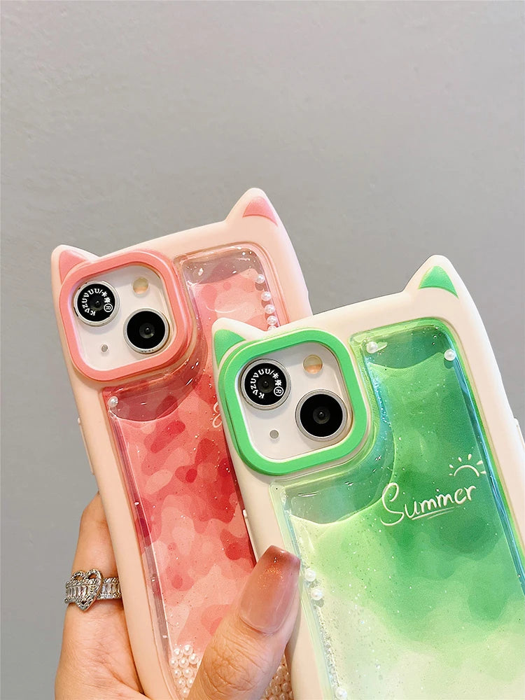 Cute Phone Cases: Gradient Pink Green Cat Ears Back Cover for iPhone 11-15 Pro Max - TSP290