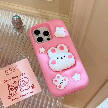 Cute Phone Cases - 3D Rabbit Folding Silicone Stand Cover for iPhone 15/14/13/12/11 Pro Max - TSP286