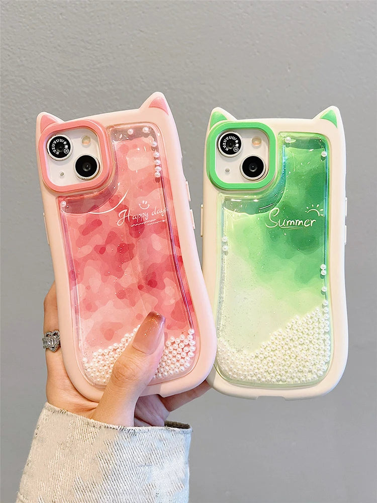 Cute Phone Cases: Gradient Pink Green Cat Ears Back Cover for iPhone 11-15 Pro Max - TSP290