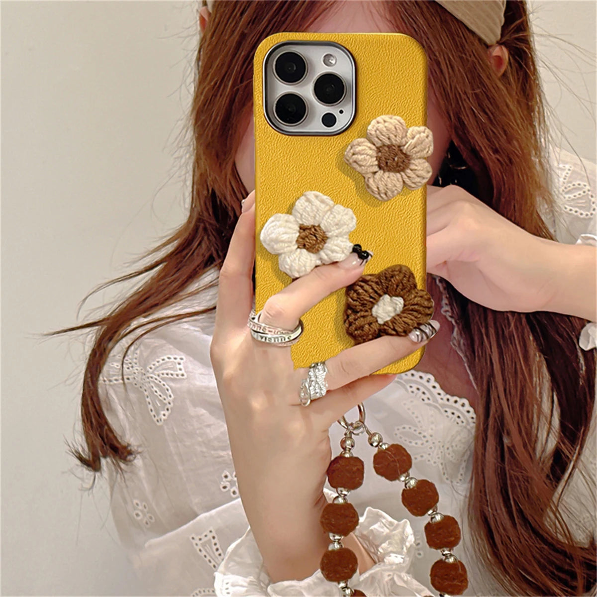 Cute Phone Cases for iPhone 11, 12, 13, 14, 15, and 16, including Pro Max and Plus versions - 3D Knitted Flower Pattern - TSP445