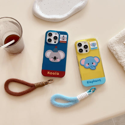 Cute Phone Cases For iPhone 16, 15, 14, 13 Pro Max - Cartoon Koala &amp; Elephant Pattern - Back Cover With Wrist Chain - PC0520