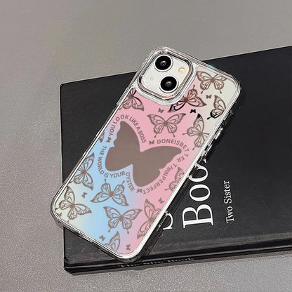 Cute Phone Cases: Lovely Butterfly Silver Mirror Back Cover with Cat Ears for iPhone 11-15 Pro Max - TSP288