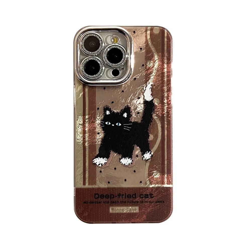 Cute Phone Cases For iPhone 16, 15, 14, 13, 12, 11 Pro Max - Anger Black Cat Plating Tin Foil Pattern - Cartoon Cover - CC6420