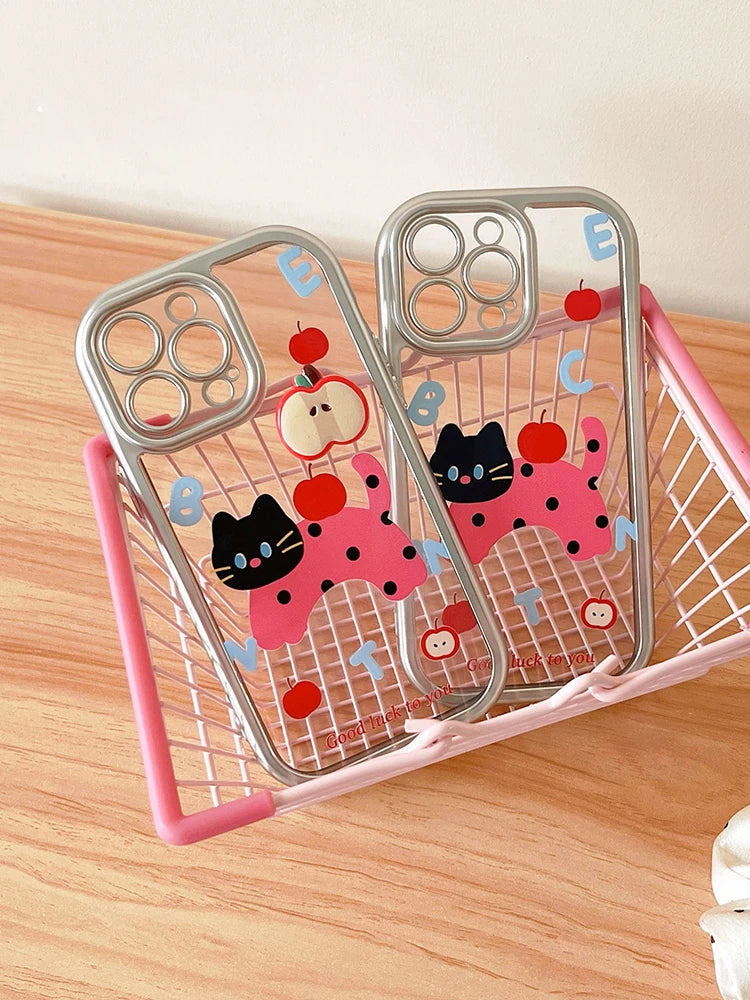 Cute Phone Cases: Cartoon Cat Silver Bumper for iPhone 11-15 Pro Max - TSP307