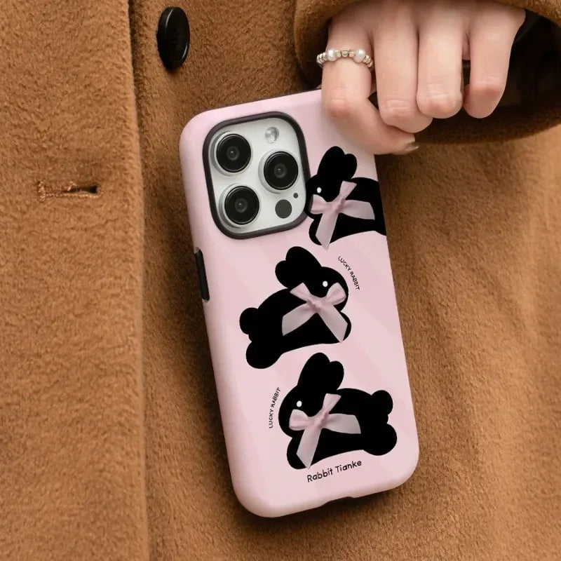 Cute Phone Cases For iPhone 16, 15PRO MAX, 14, 13, 12, 11 PRO, 11 Plus, 15pro - Pink Rabbit Bowknot - Acrylic TPU Cover - IC3150