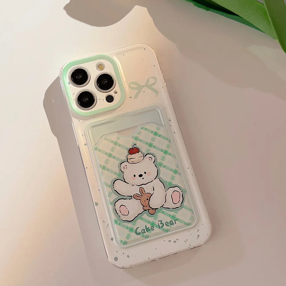 Cute Phone Cases For iPhone 16, 15, 14, 13 Pro Max, Xr, 15, 14, 16 Plus - Cherry Cake Bear Doll - Green plaid Photo Card Holder - IC5320