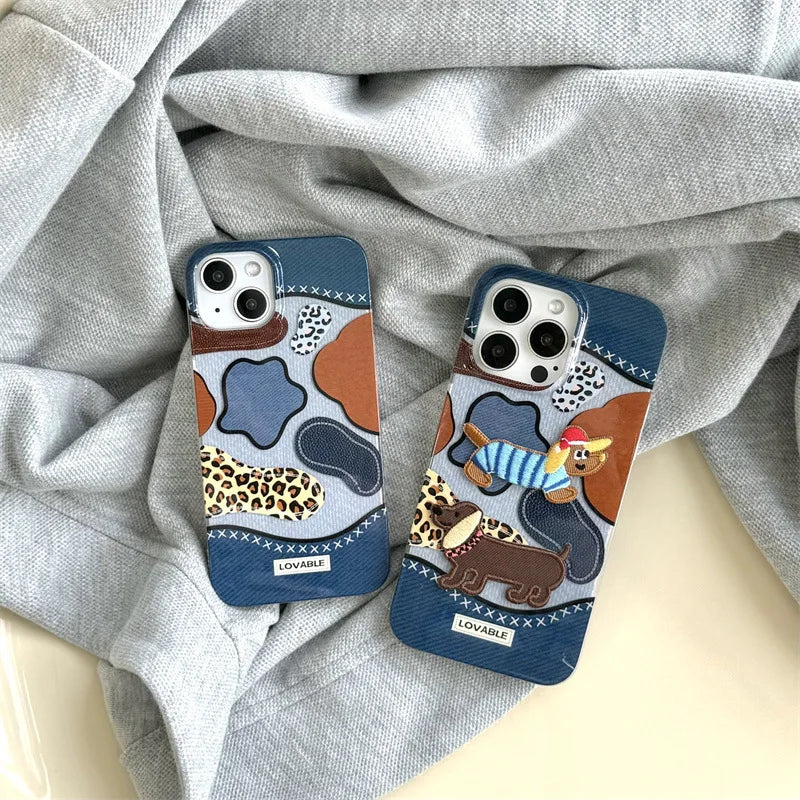 Cute Phone Cases: Embroidery Dachshund Puppy Denim Leopard Art for iPhone 15, 14, 13, 12 Pro Max - TSP376