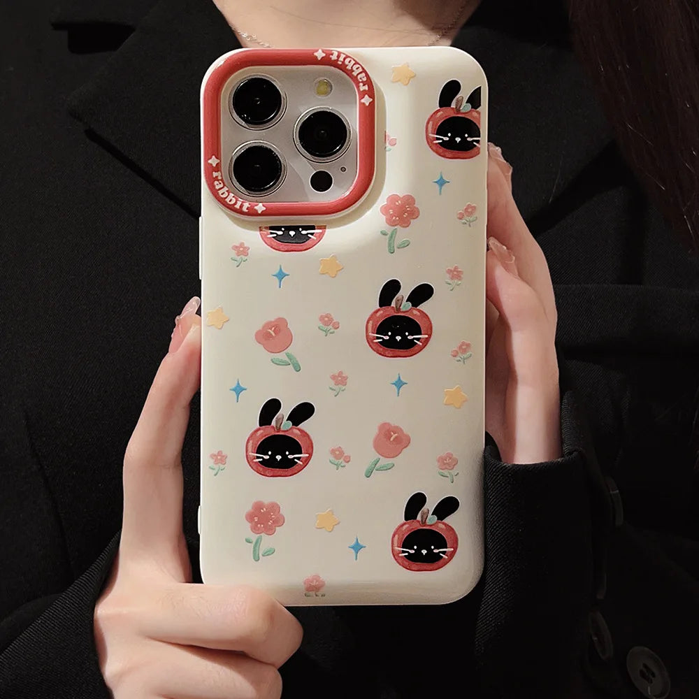 Cute Phone Cases For iPhone 16, 15, 14, 13, 12, 11 Pro Max, Xr, 16 Plus - Funny Tomato Black Rabbit Flowers Cover - IC6040