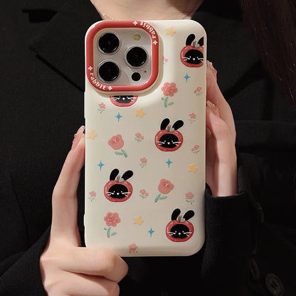 Cute Phone Cases For iPhone 16, 15, 14, 13, 12, 11 Pro Max, Xr, 16 Plus - Funny Tomato Black Rabbit Flowers Cover - IC6040