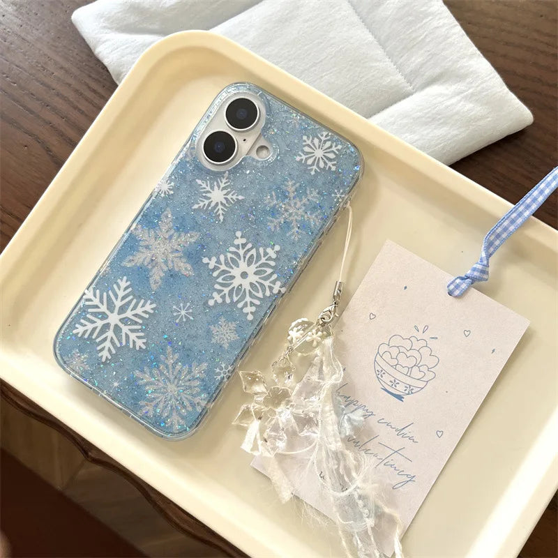 Cute Phone Cases For iPhone 16, 15, 14, 13 Pro Max - Winter Snowflake Shimmer, Glitter Transparent Pendant - IC7050