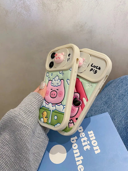 Cute Phone Cases: Cartoon Pig Lens Protector Case with Bracelet for iPhone 15/14/13/12 Pro Max - TSP314