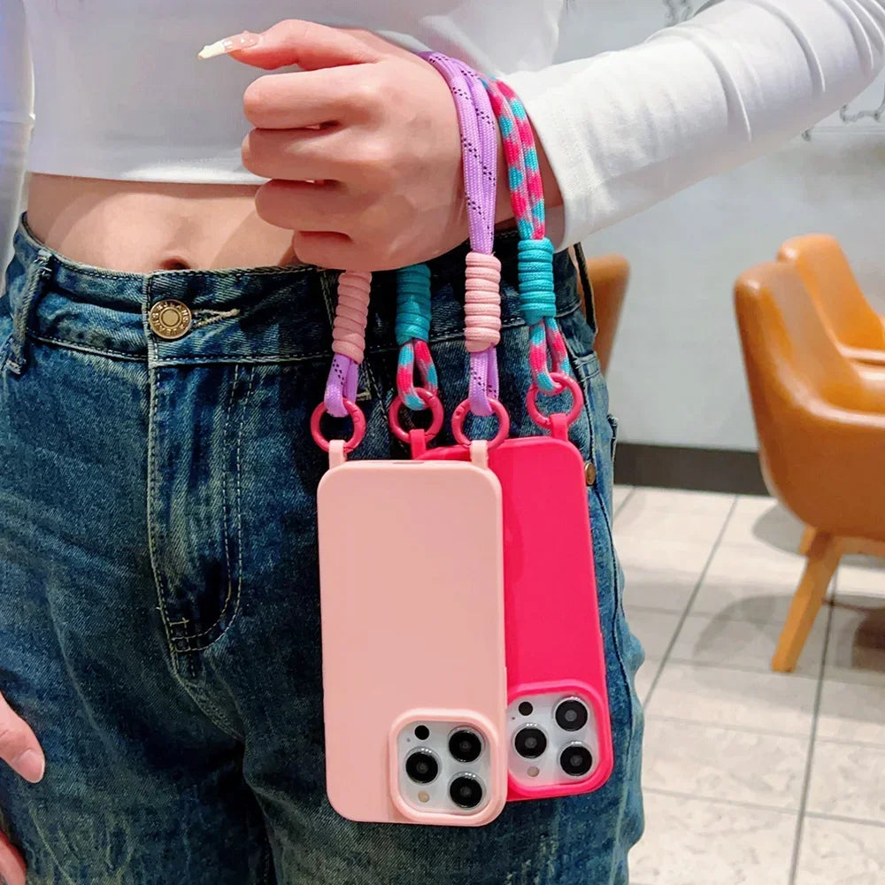 Cute Phone Cases For iPhone 15, 14, 13, 12, 11, XR, XS Max, Pro, and Plus models - Plain Color with Wrist Chain - TSP472