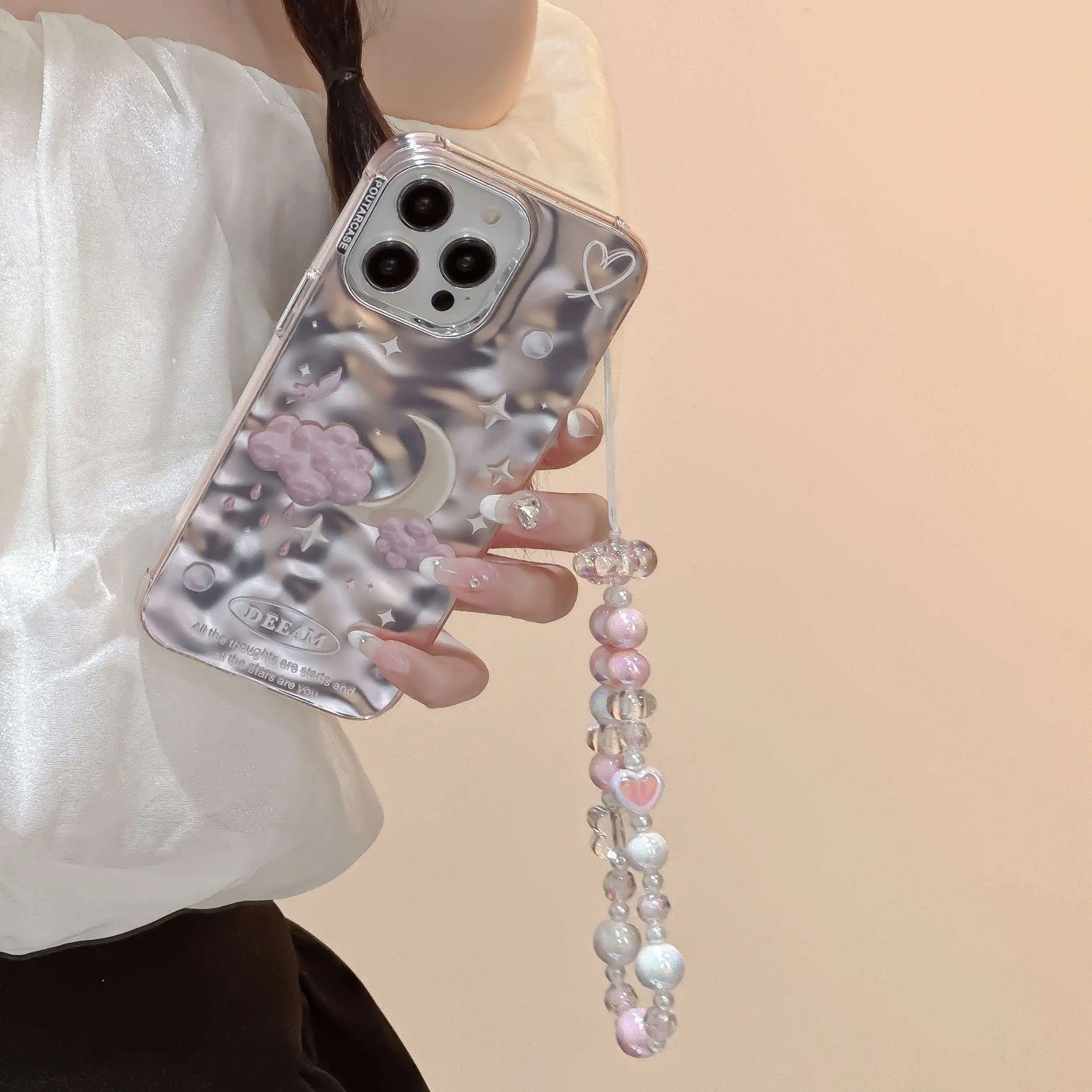 TSP63 Cute Phone Case For iPhone 15 Pro Max, 14, 13, or 11 - Plating 3D Dreamy Pearl, Stars, Clouds, and Moon Design