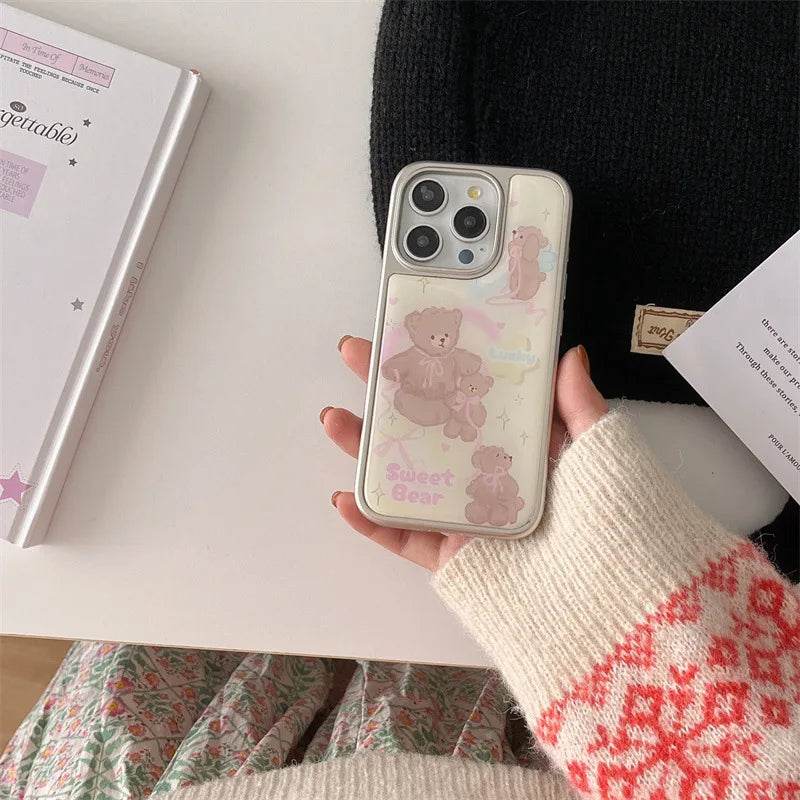 Cute Phone Cases For iPhone 16, 15, 14, 13 Pro Max - Silver Border, Cartoon Fairy Pink Bow Bear - Drip Glue Cover - CC0440 - Touchy Style