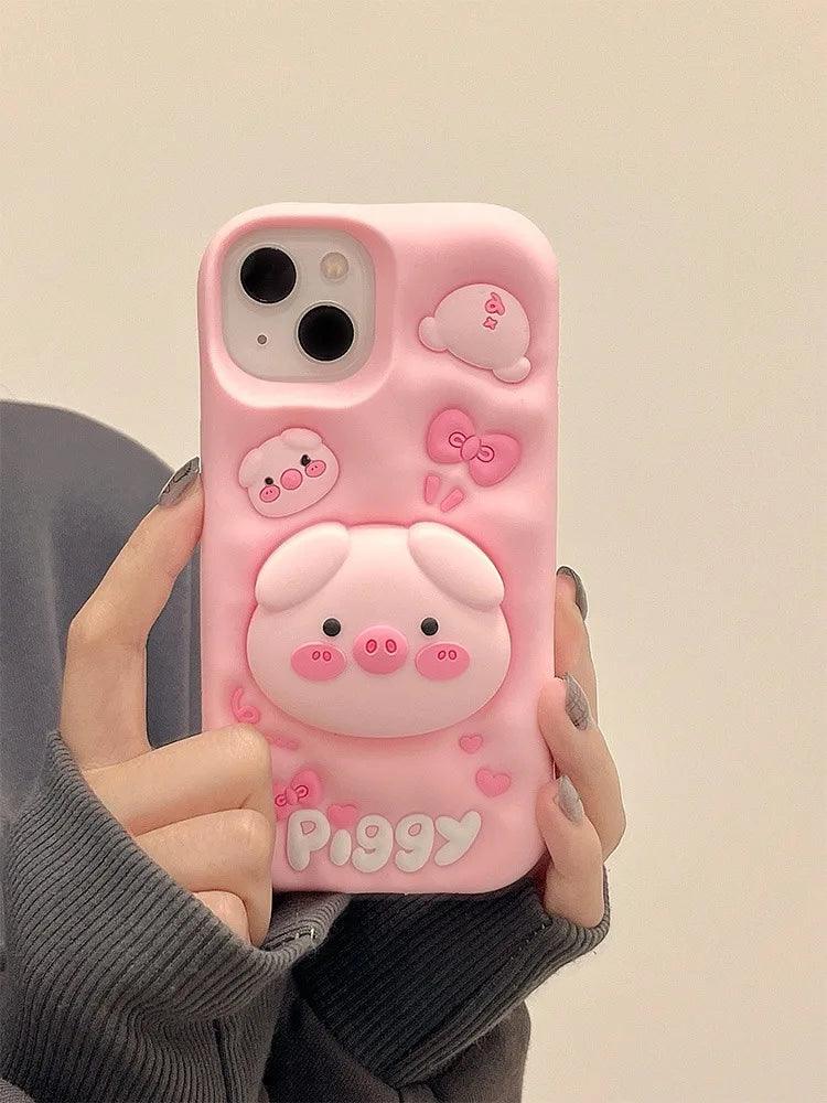 Cute Phone Cases for iPhone 15 Pro Max, 14, 13, 12, and 11 - Funny Pig Piggy, Telescopic Bracket - TSP284