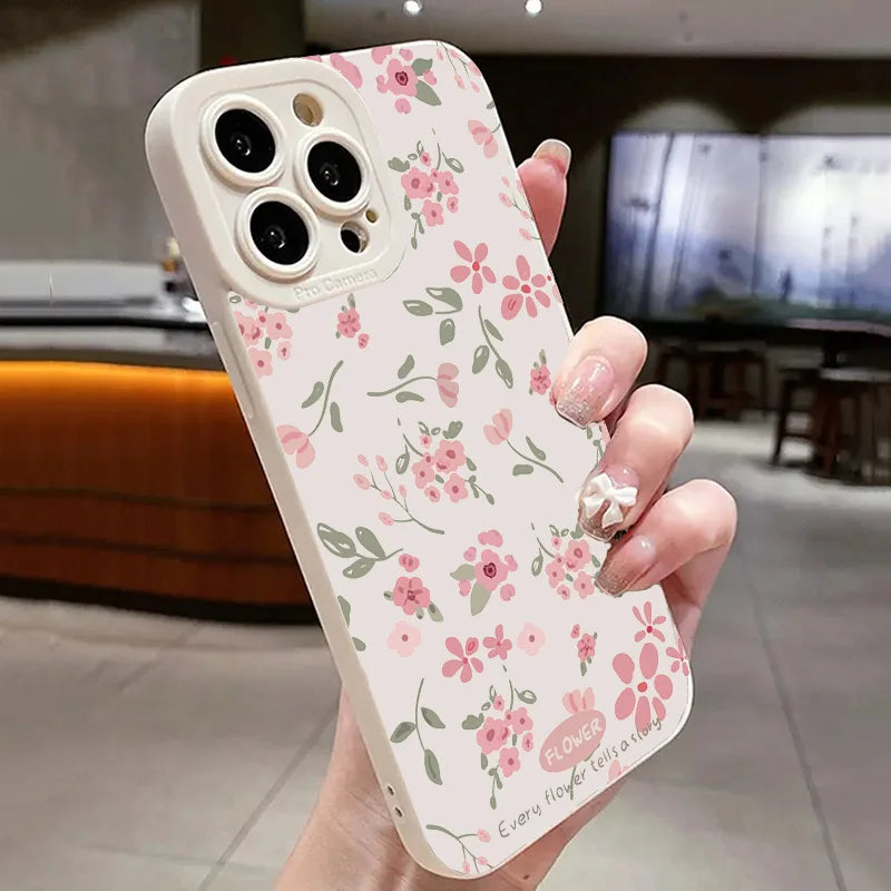 Cute Phone Cases - Flower Branch Pattern For iPhone 16 15 14 13 12 11 Pro Max XS XR 7 8 Plus - Matte Soft Silicone Bumper Cover