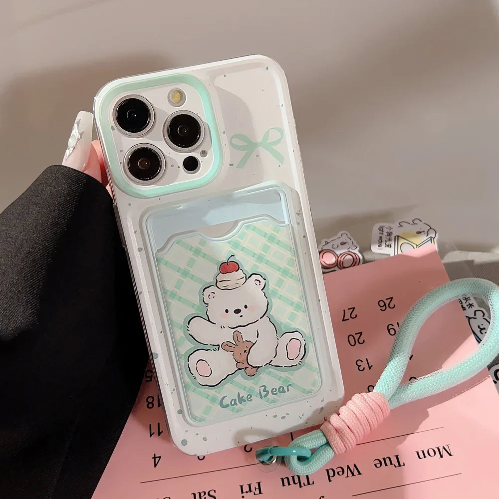 Cute Phone Cases For iPhone 16, 15, 14, 13 Pro Max, Xr, 15, 14, 16 Plus - Cherry Cake Bear Doll - Green plaid Photo Card Holder - IC5320 - Touchy Style