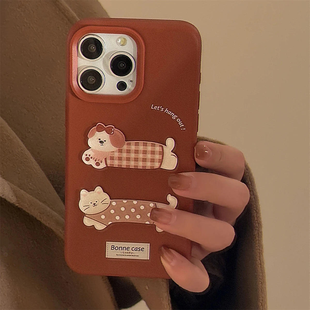 Cute Phone Case for iPhone 16, 15, 14, 13, and 12 Pro Models – Cartoon 3D Polka Dot Lattice Dog &amp; Cat – TSP437