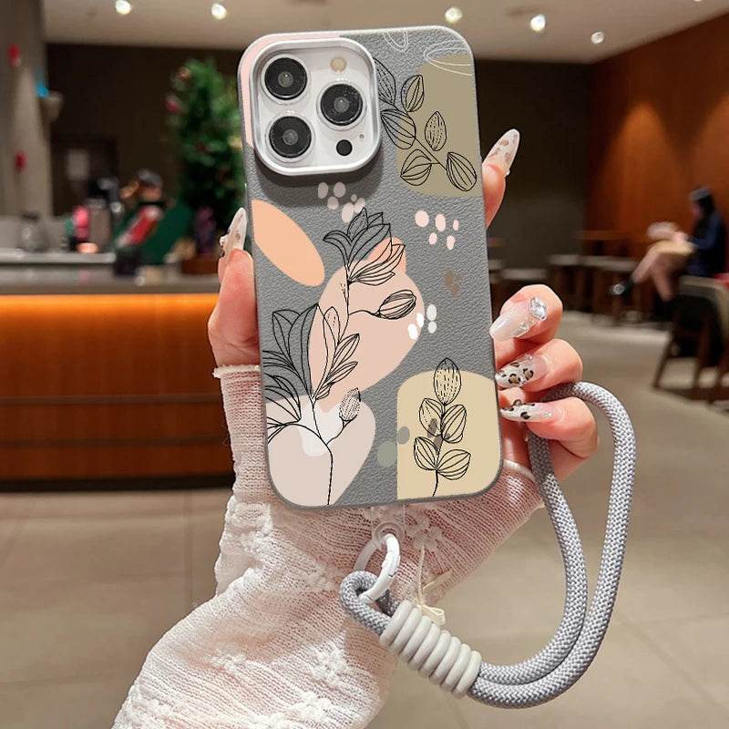 Cute Phone Cases For iPhone 16, 15 Pro Max, 14 Plus, 13, 12 Pro Max - Printed Flowers Leather Cover with Lanyard - PC6320 - Touchy Style