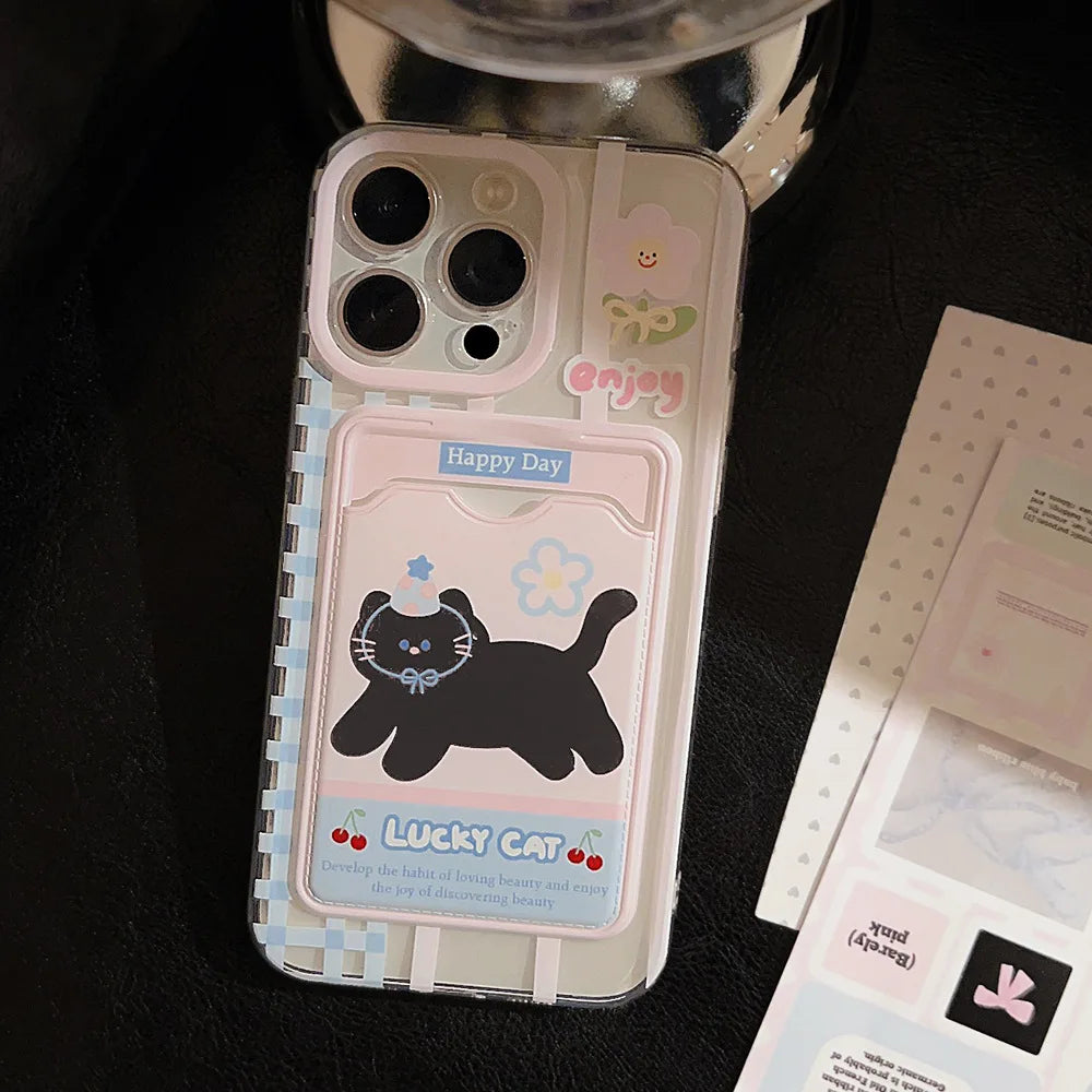 Cute Phone Cases For iPhone 16, 15, 14, 13, 12 Pro Max, Xr, 15 Plus - Cherry Party Black Cat Cartoon Cover - IC5190