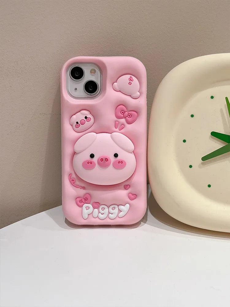 Cute Phone Cases for iPhone 15 Pro Max, 14, 13, 12, and 11 - Funny Pig Piggy, Telescopic Bracket - TSP284