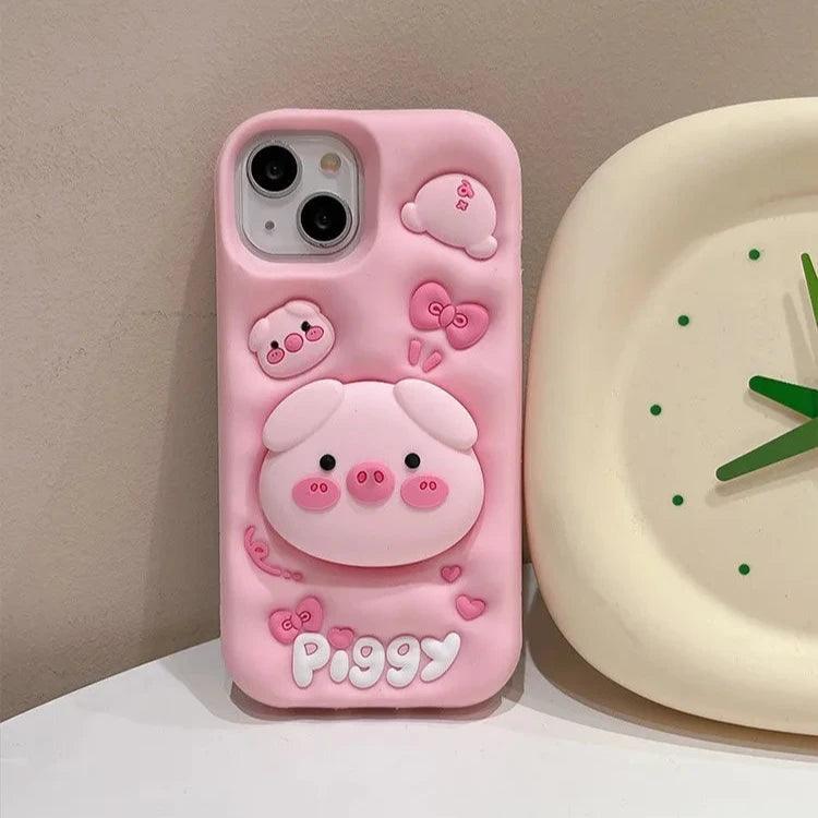 Cute Phone Cases for iPhone 15 Pro Max, 14, 13, 12, and 11 - Funny Pig Piggy, Telescopic Bracket - TSP284