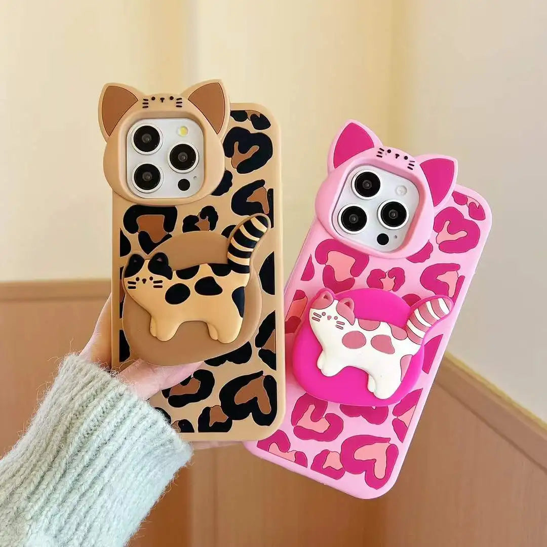 Cute Phone Cases - 3D Heart Leopard and Printed Cat Bracket - Cat Ears Kitten Camera Protection Cover - IC5021 - Touchy Style