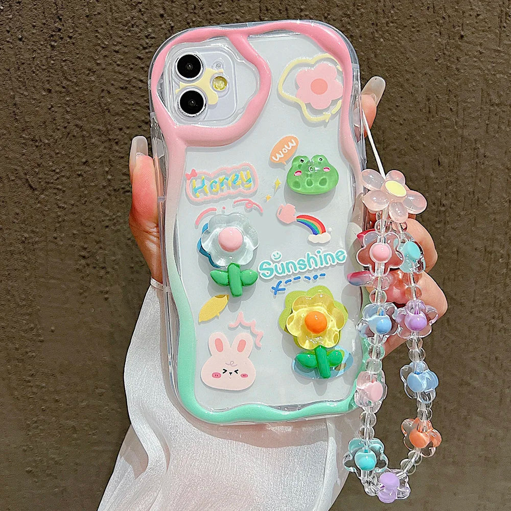 TSP181-B Cute Phone Cases For iPhone 15, 14, 13 Pro Max - With Cartoon Bracelet Chain, Transparent Cover