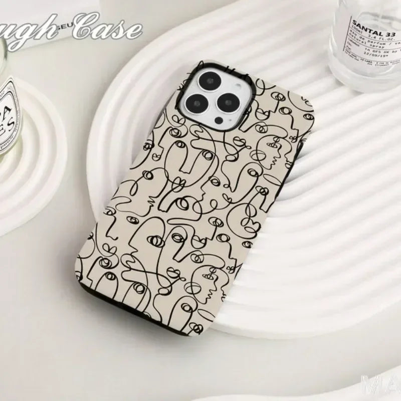 Cute Phone Cases For iPhone 16ProMax 15 14 13 12 11 PRO Plus - Beige Abstract Faces Pattern - Acrylic TPU Cover