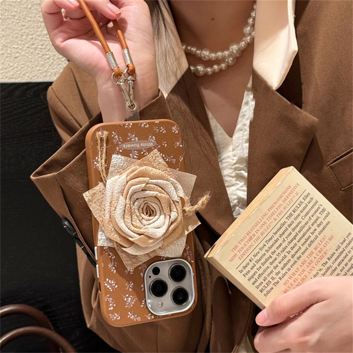 Cute Phone Cases for iPhone 13, 14, 15, or 16 Pro Max with Wristband - Vintage 3D Rose Pattern - TSP438