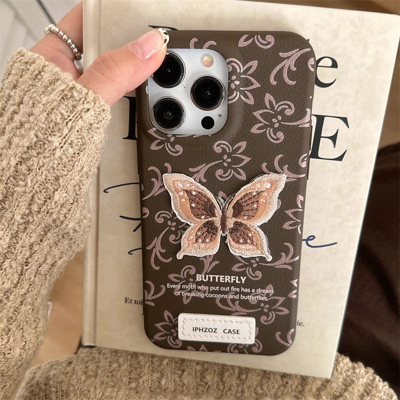 Cute Phone Cases For iPhone 12, 13, 14, 15, or 16 Pro Max - Stylish Embroidery Butterfly Pattern - TSP331