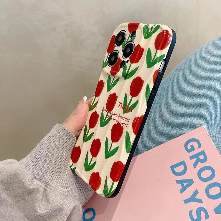 Cute Phone Cases For iPhone 11, 12, 13, 14, and 15 Pro Max - Beautiful Red Flower - Wavy Cover - TSP266