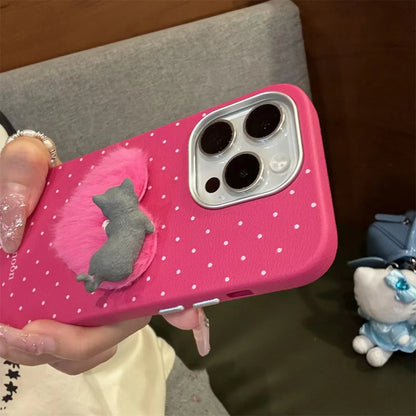 Cute Phone Cases for iPhone 16, 15, 14, 13, 12 Pro Max - 3D Cat with Fur Heart - TSP327