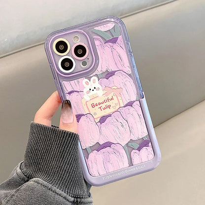 Purple Flowers Rabbit Cute Phone Cases with Stand Holder for iPhone 14 Pro Max 13 11 12 14 Plus