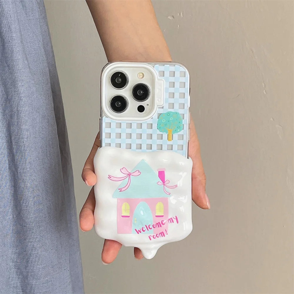 Cute Phone Cases for iPhone 15, 14, 13, and 12 Pro Max - 3D Melted Ice Cream 2-in-1 Blue Plaid House - TSP336