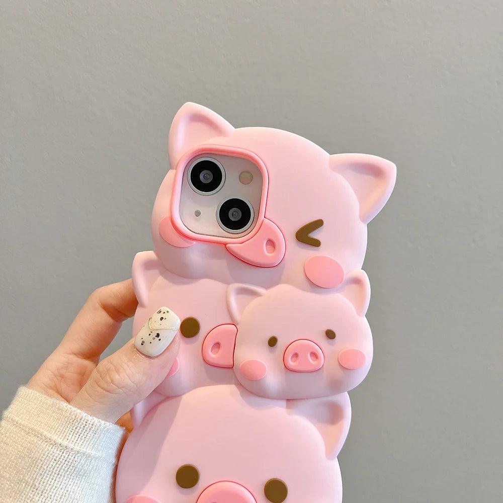 Cute Phone Cases for iPhone 14, 13, 12, and 11 Pro Max models - 3D Funny Pigs - Soft Silicone Cover - TSP251