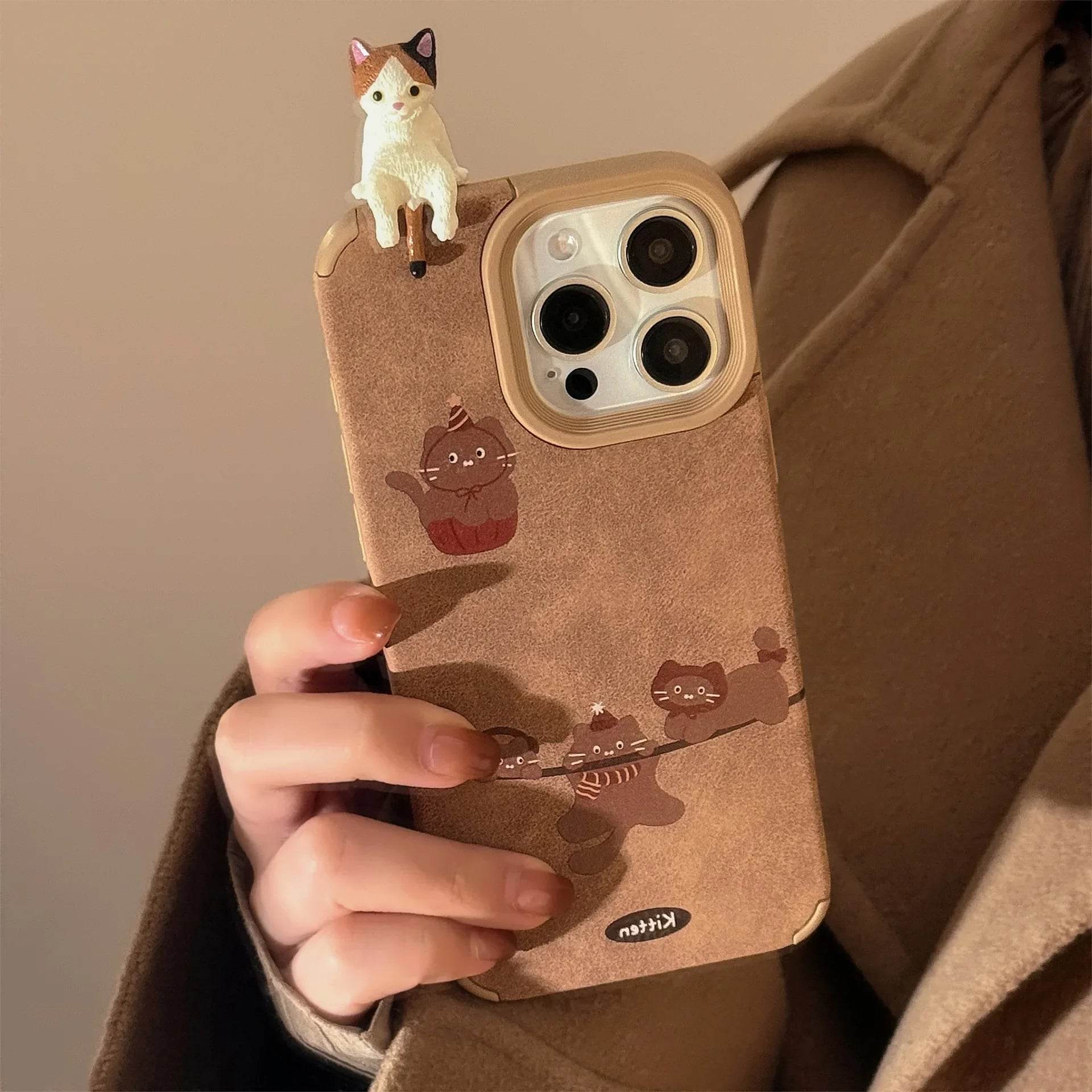 Cute Phone Cases For iPhone 16, 15, 14, 13, 12, 11 Pro Max - Kitten Cat Doll - Suede leather Cartoon Soft Cover - CC5140 - Touchy Style