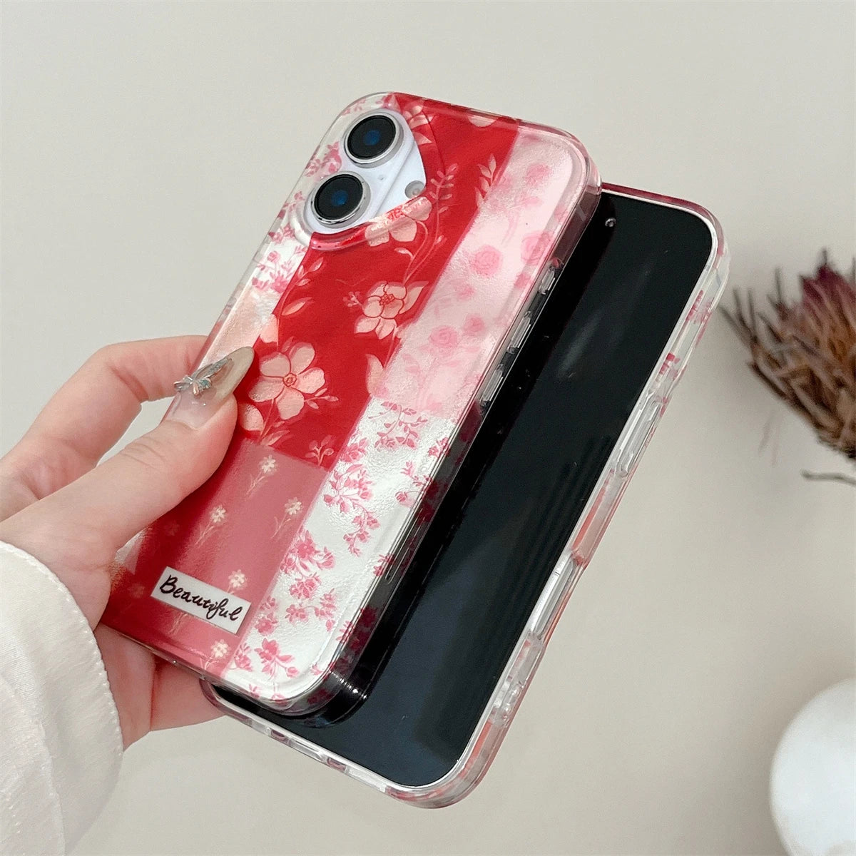 Cute Phone Cases for iPhone 16, 15, 14, and 13 Pro Max - 3D Rose, Splicing Lattice Cover - TSP442