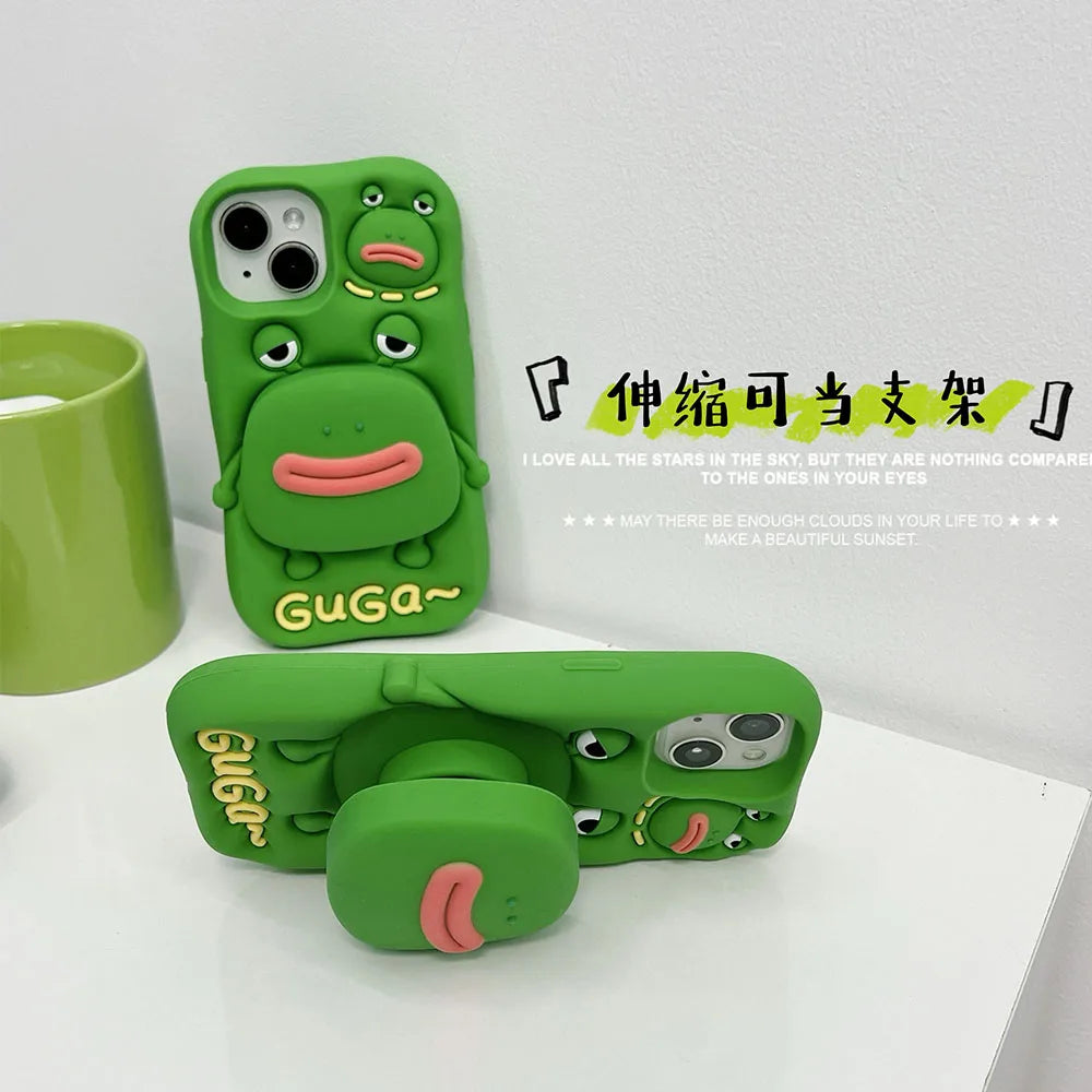 Cute Phone Cases For iPhone 11, 12, 13, 14, and 15 Pro Max - Funny 3D Big Mouth Frog - Hidden Holder - TSP273