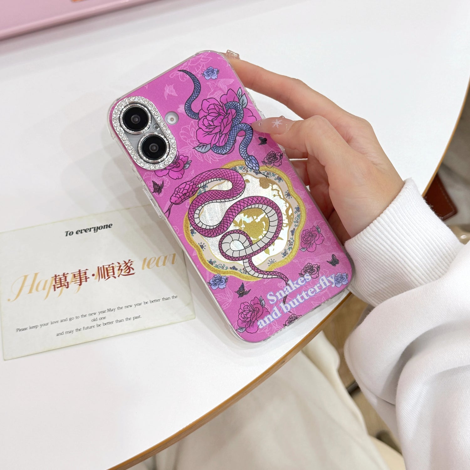 Cute Phone Cases For iPhone 16, 15, 14, 13 Pro Max - Rose Pink Snake &amp; Roses - Lens Protection Chic Back Cover - PC9140