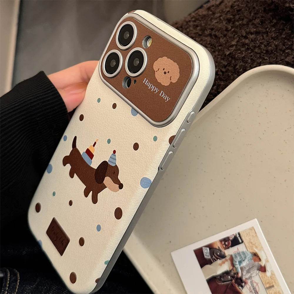 Cute Phone Cases For iPhone 16, 15, 14, 13 Pro Max - Leather Polka Dots Dog Back Cover with Wristchain - PC6411 - Touchy Style