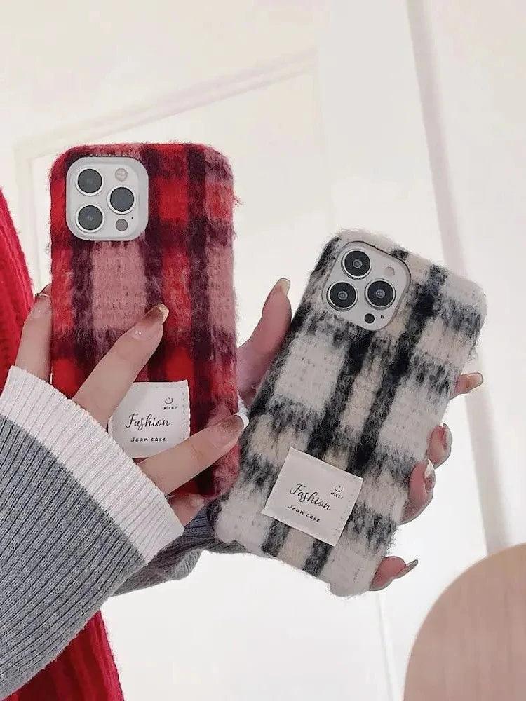 TSP80 Cute Phone Cases For iPhone 15, 11, 14 Pro Max, and 13, 12 - Stylish Woolen Plush Plaid Cover