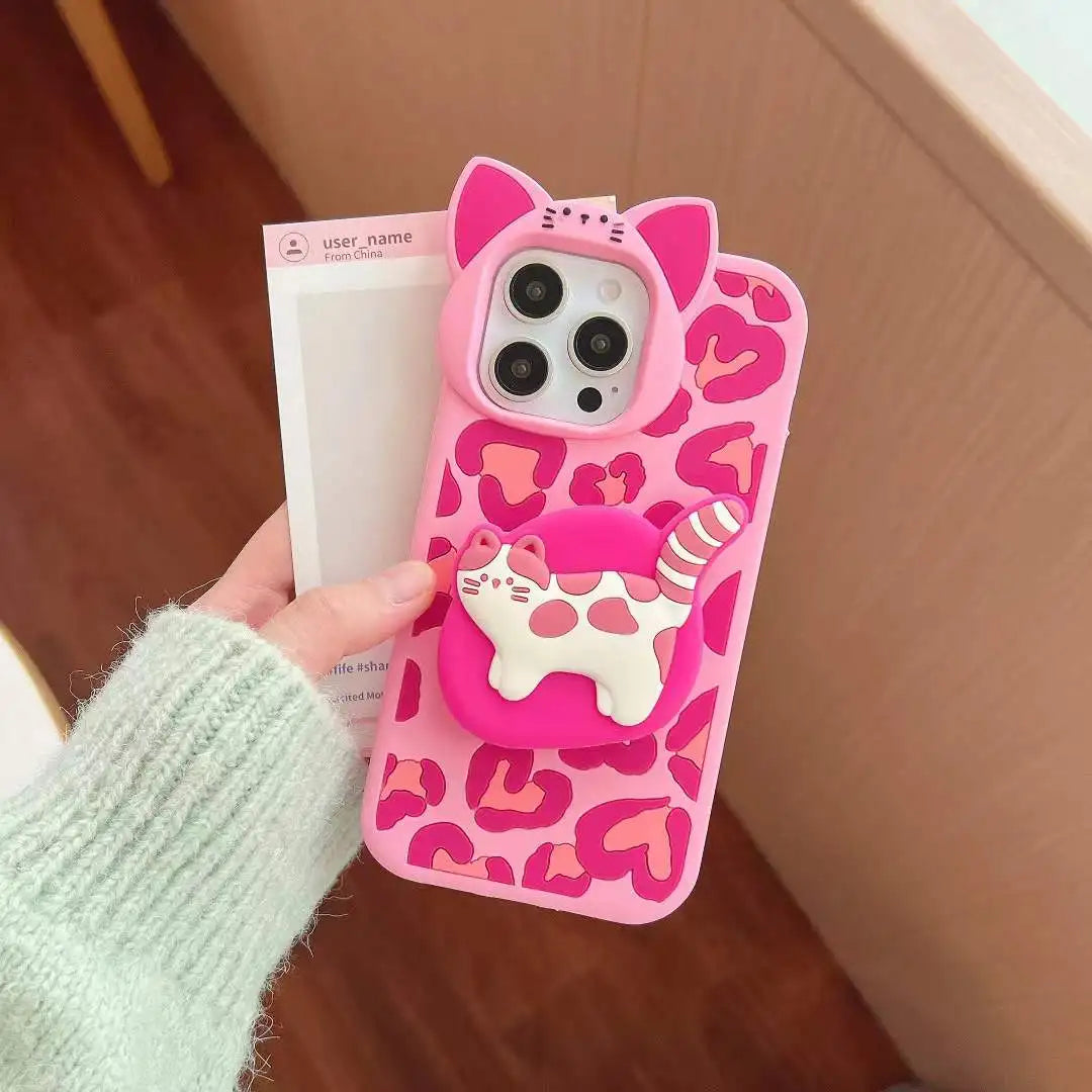 Cute Phone Cases - 3D Heart Leopard and Printed Cat Bracket - Cat Ears Kitten Camera Protection Cover - IC5021