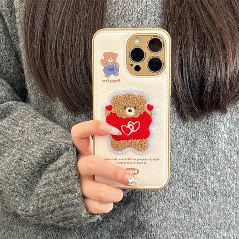 Cute Phone Cases For iPhone 16 Pro Max, 15, 13, 14 - Embroidered Heart &amp; Bear Pattern - Leather Cover - PC1421 - Touchy Style