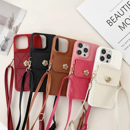 Cute Phone Cases for iPhone 16 Pro Max, 15, 14 Plus, 13, 12, 11, XS, XR, X - Crossbody Lanyard Leather Cover - PC02