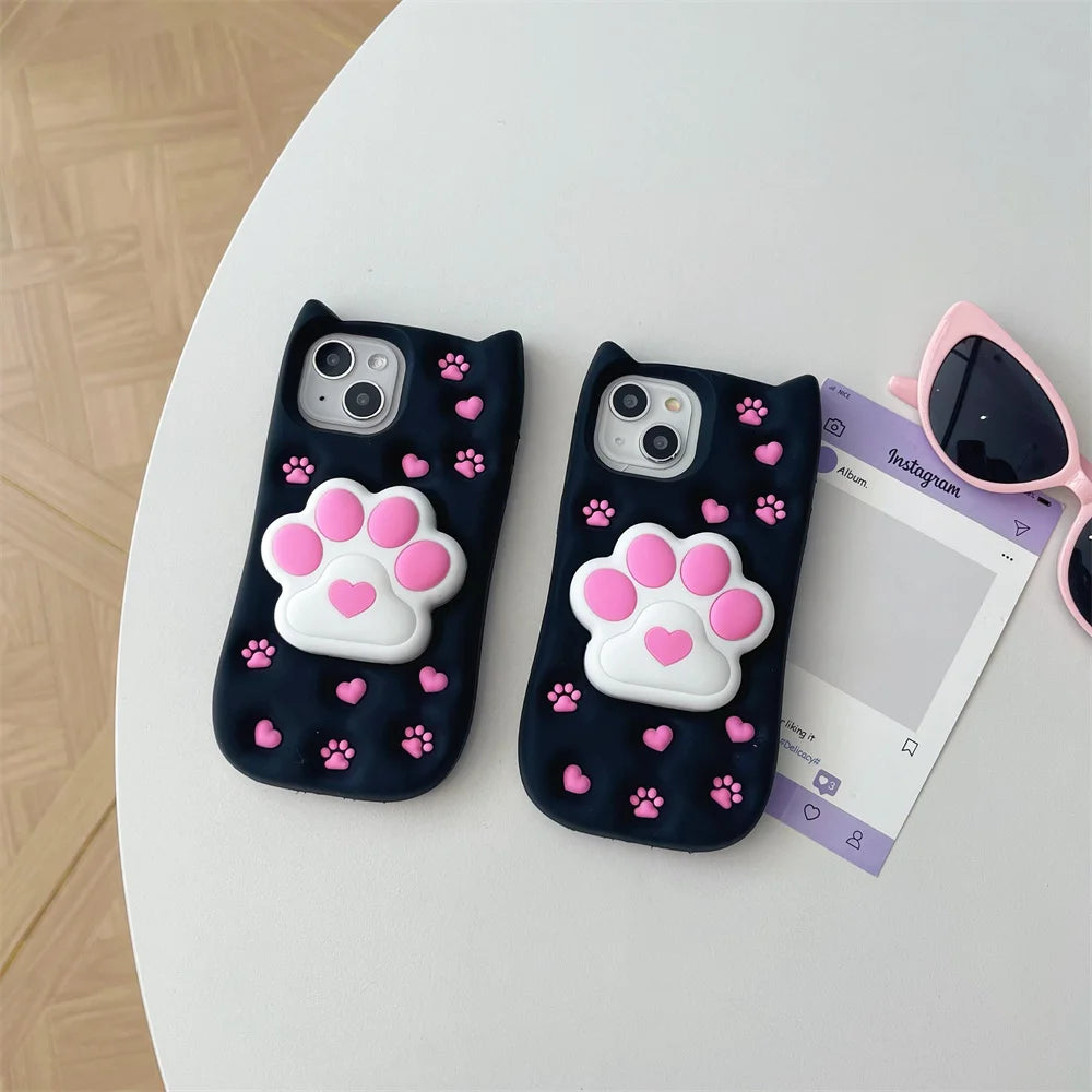 Cute Phone Cases: 3D Cat Paw Silicone Case with Stand for iPhone 15/14/13/12 Pro Max - TSP310