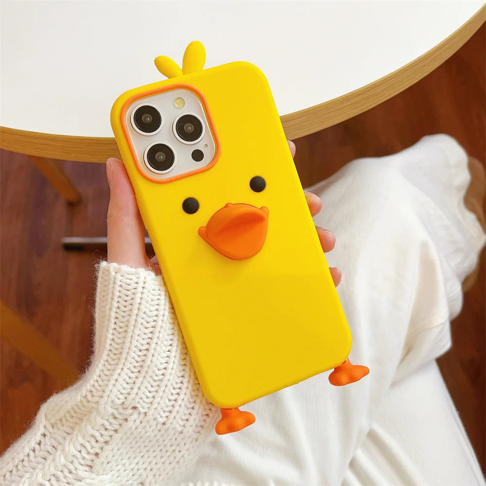 Cute Phone Cases For iPhone 16, 15, 14, 13, 12Mini, 11 Pro Max, 11 Plus, X, XR, XS - Soft Silicone 3d Little Yellow Duck - IC8021