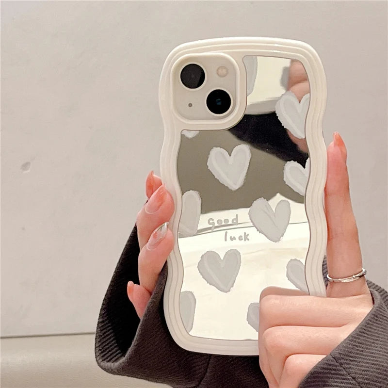 Korean White Heart Makeup Mirror Cute Phone Cases For iPhone 14 Pro Max 13 11 12 14 Plus XS X XR